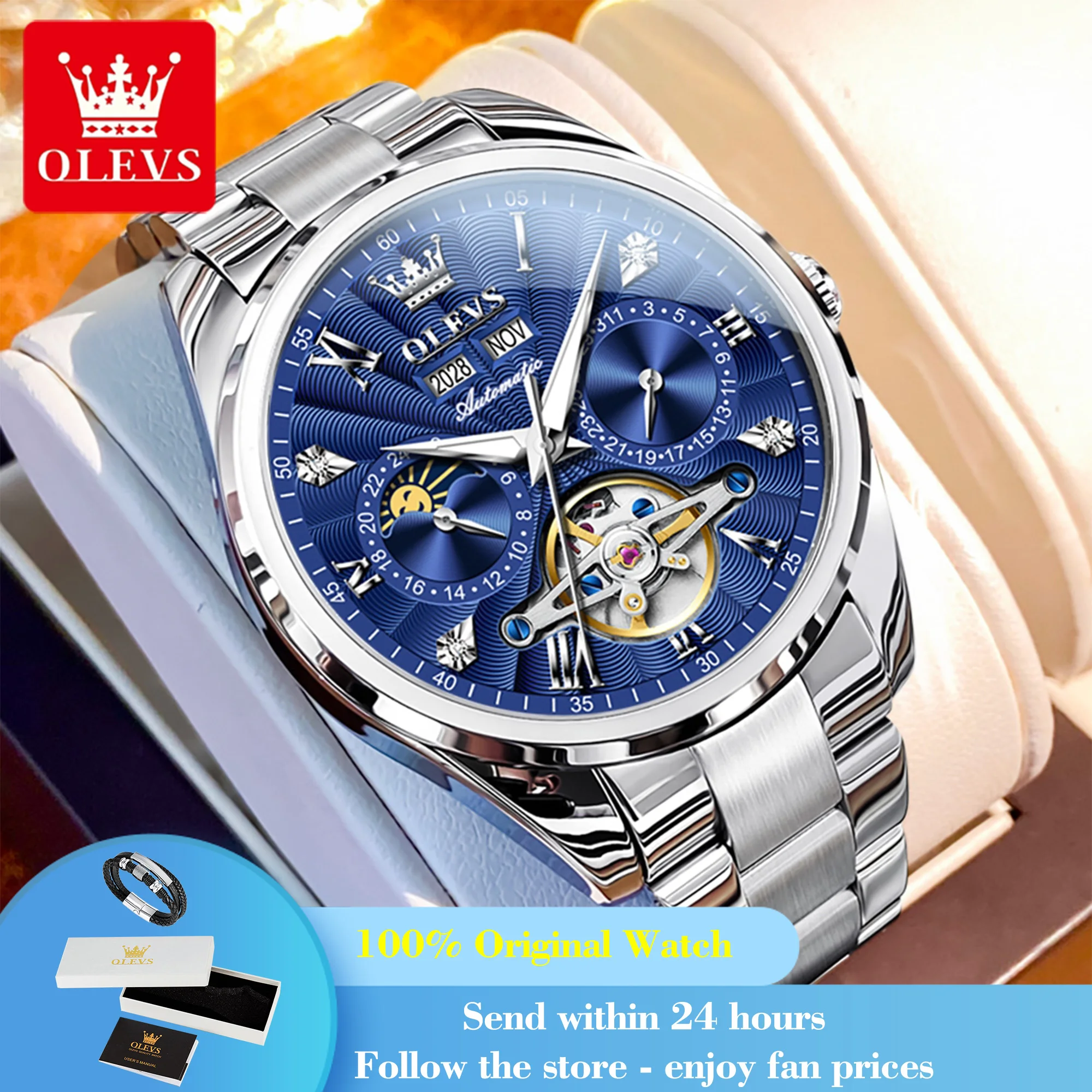 

OLEVS 7028 Men Automatic Watch Top Brand Hollow Moon Phase Mechanical Watch For Men Auto Date Original Luxury Men's Wristwatch