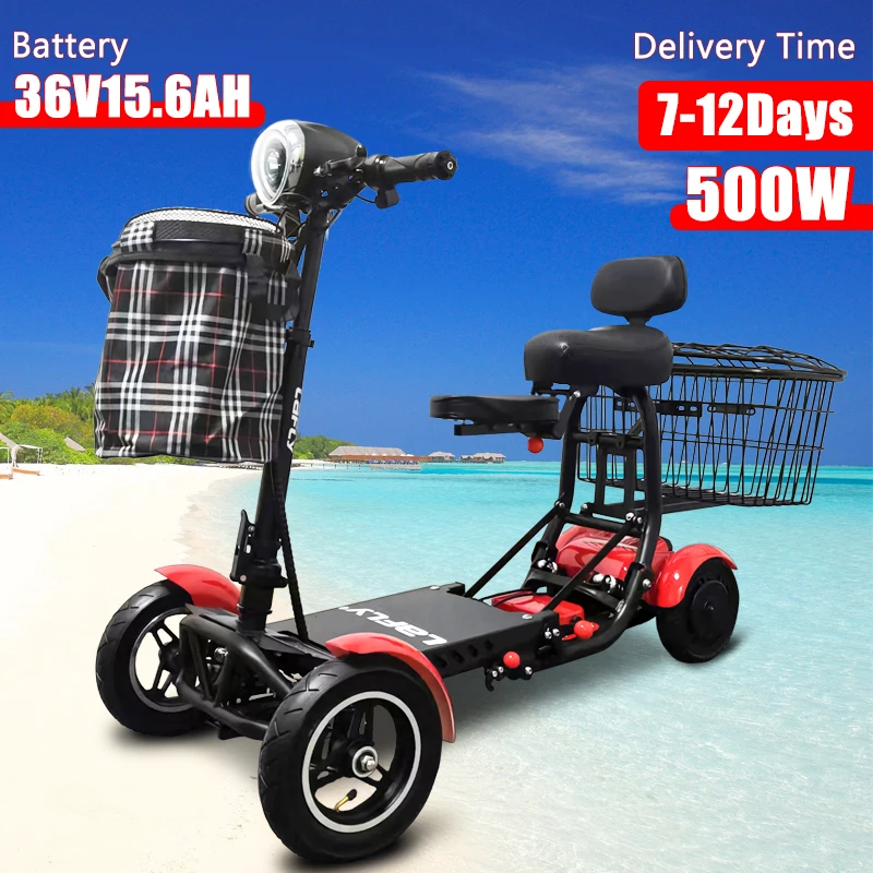 10 Inch 4 Wheel Electric Scooter Dual Motor 500W 36V Lightweight Foldable Mobility Scooter For Old People With Removable Armrest