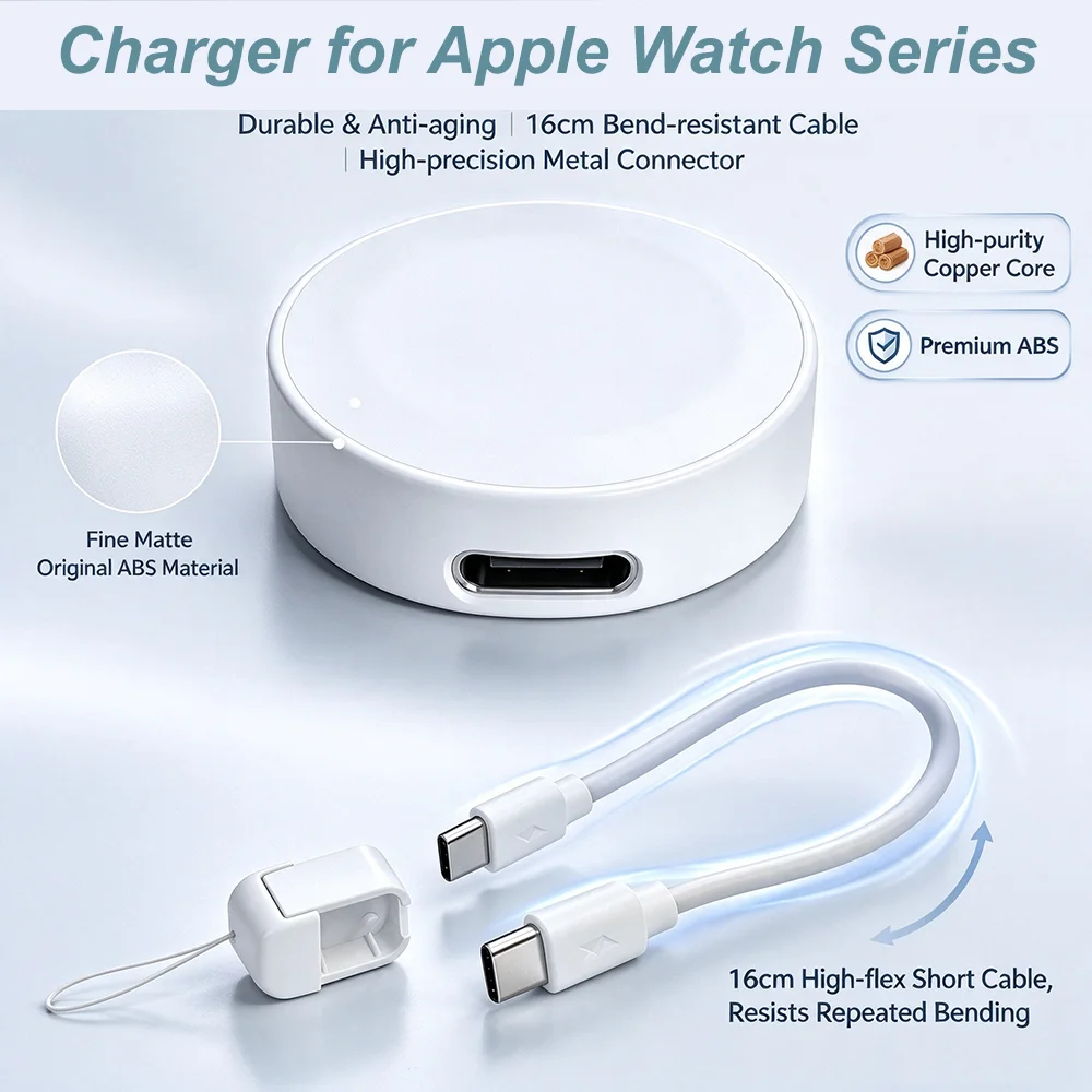 Portable Charger for Apple Watch S1-S11 SE Ultra Series, Compact Pocket-sized 2-in-1 Watch Charger, Low Temp Safe Fast Charging
