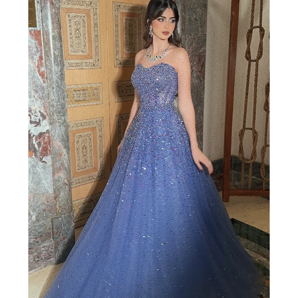 

Saudi Arabia Evening Dress Blue Prom Gowns Sparkling Beading Sweetheart Zipper Back Sweep Train Formal Party Dresses