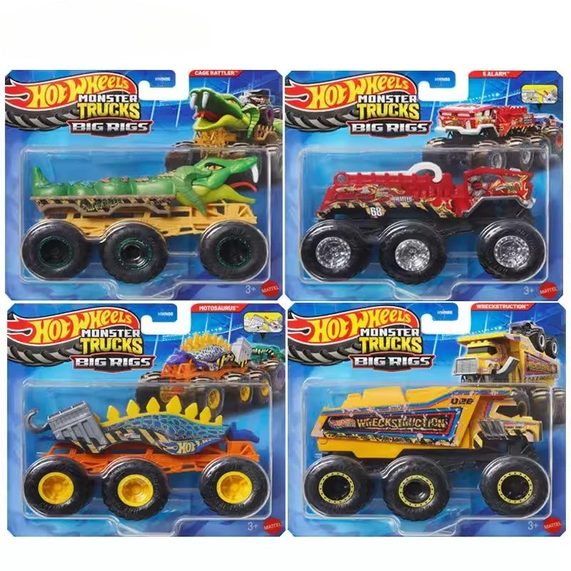 Coche Hot Wheels Original, camiones monstruos, grandes plataformas, motosauro de construcción, 5 alarmas, modelo de vehículo, juguetes para niños, regalo de colección