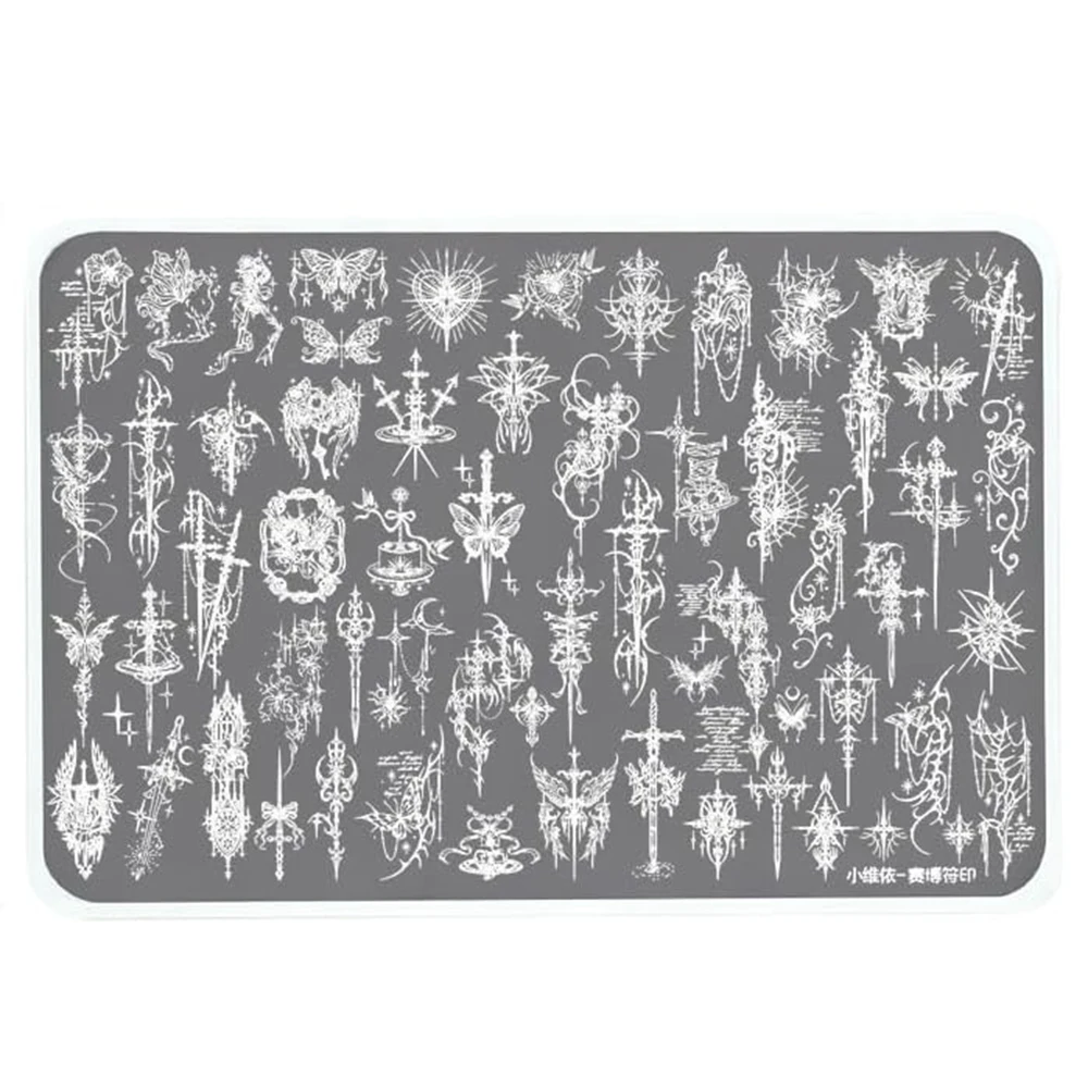 Gothic Nail Art Stempelplatte Barock Punk Kreuz Schwert Fantasie-Motive 14,5x9,5cm Edelstahl-Schablone Vintage-Bildwerkzeug – Detail 1