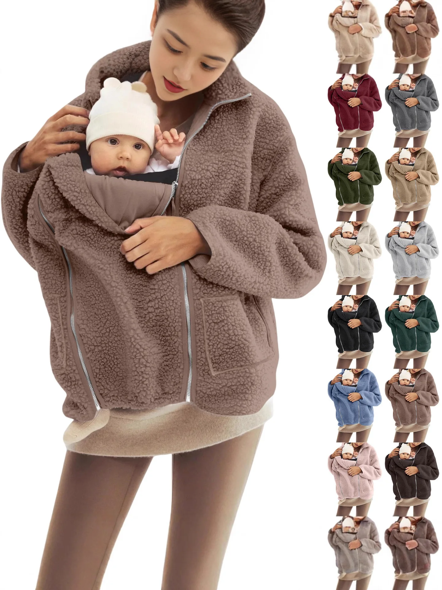 Chaqueta de lana sherpa para mujeres, con cremallera, capucha y bolsillos, ideal como abrigo de maternidad para llevar al bebé y para la lactancia.