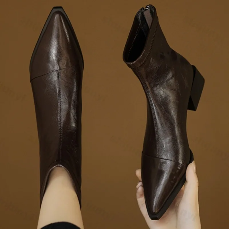 Women Pointed Short Boots 2025 Autumn Retro Korean Fashion Solid Colour Non-slip High Heels Thick Heel Comfort Ankle Boots - view 2