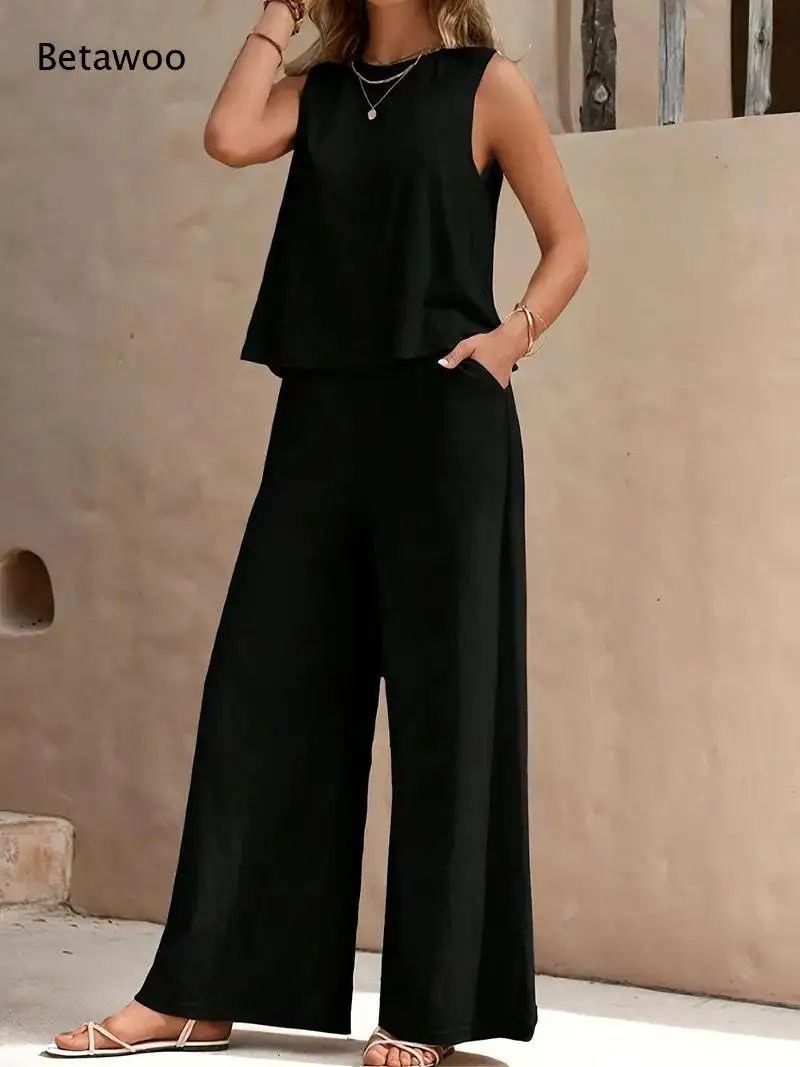 Round Neck Sleeveless Cropped Tank Top High Waist Wide Leg Pants Two Piece Set Lightweight Fabric Side Pocket Solid Casual