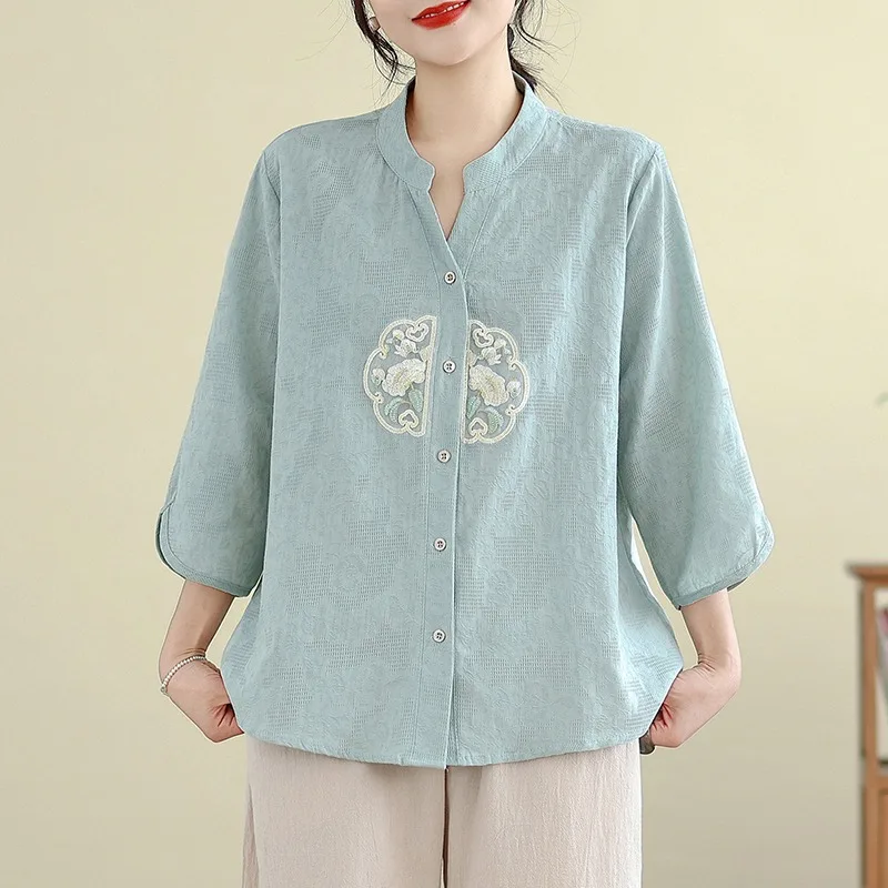 

Summer 2026 Large Size Women's irt Embroidered Floral Pattern f Sve Stand Collar Button up Cardigan Cotton Viscose Fiber