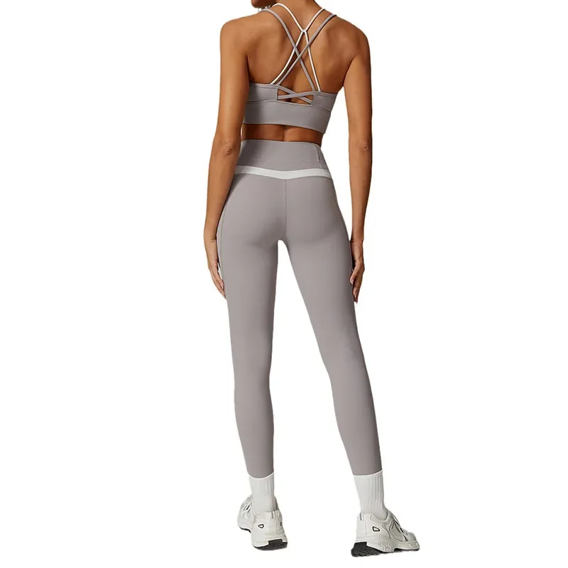 Summer Color Blocked Cross Back Sports Bra, High Waist Slimming Yoga Pants, Sweat Absorbing And Breathable Fitness Suit