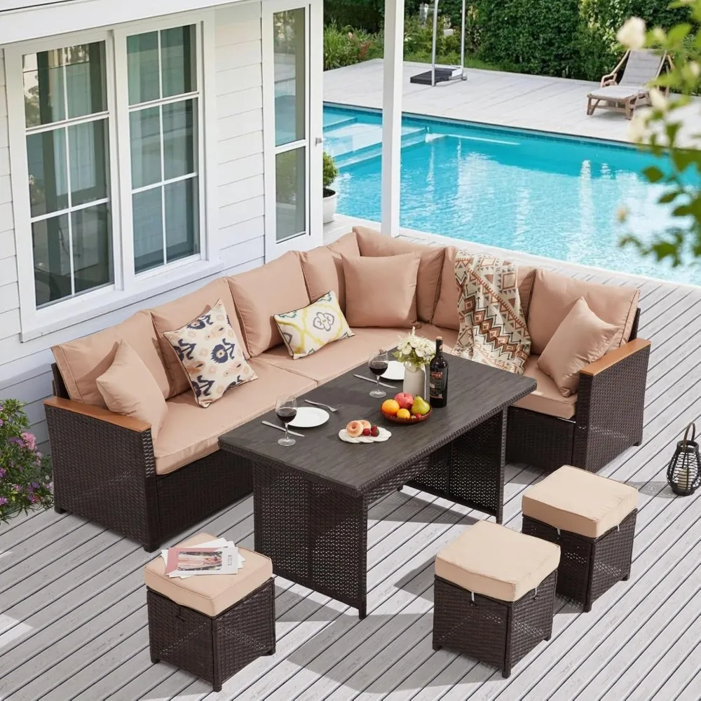 

7 Pieces Outdoor Patio Furniture,Patio Furniture Sets with Dining Table&Chair, Outdoor Sectional Sofa with 3 Ottamans,Thickened