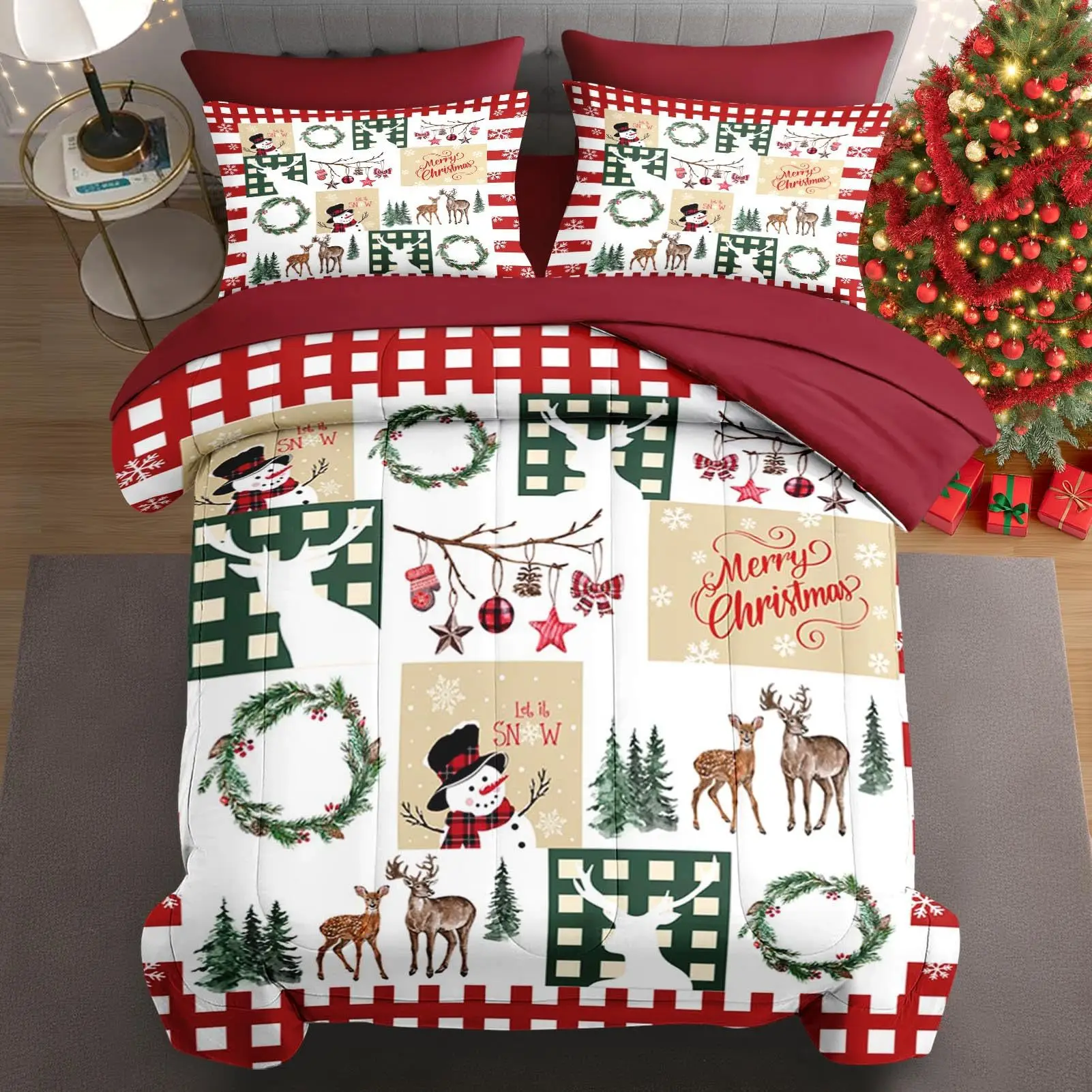 Christmas Duvet Cover Set Red Truck Snowman Reindeer Wreath Bedding Set with Pillowcases  Holiday Bedroom Decor Winter Gift Sing