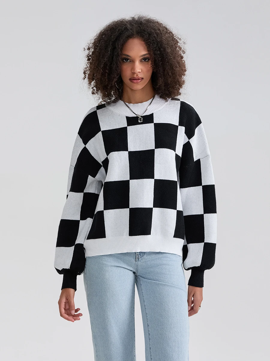 Women Turtleneck Sweater Loose Fit Checkerboard Long Sleeve Knitted Pullover Tops Fall Winter Warm Knitwear for Female Dailywear