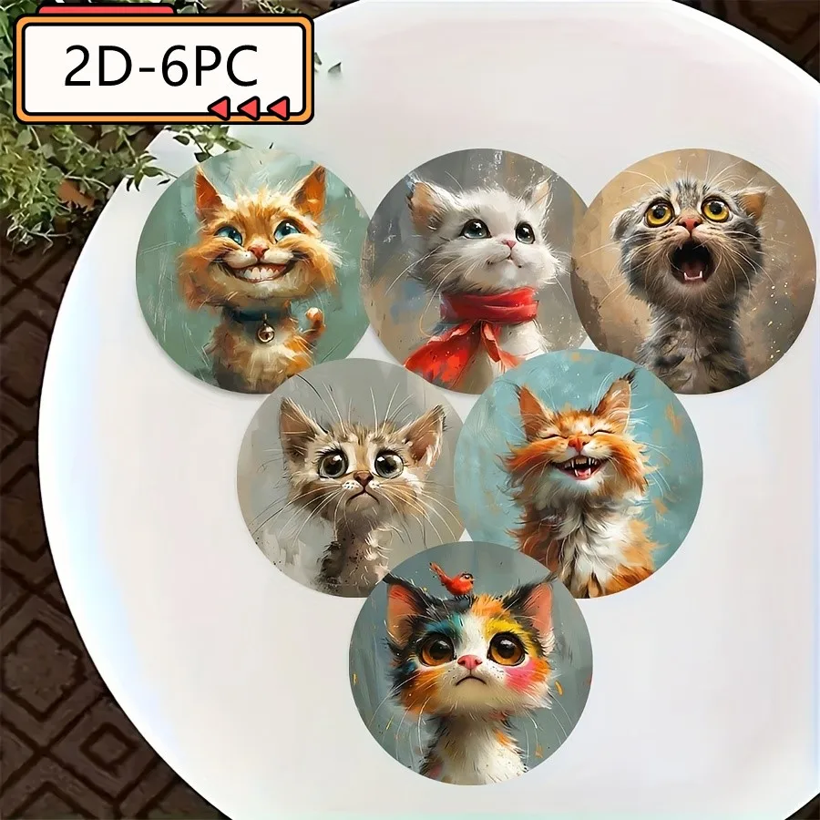 Cute Kitten Pattern Theme Wooden Coasters, Desktop Heat Mats, Home Decor, Coffee Cup Coasters, Office, 2D, 6 Pcs