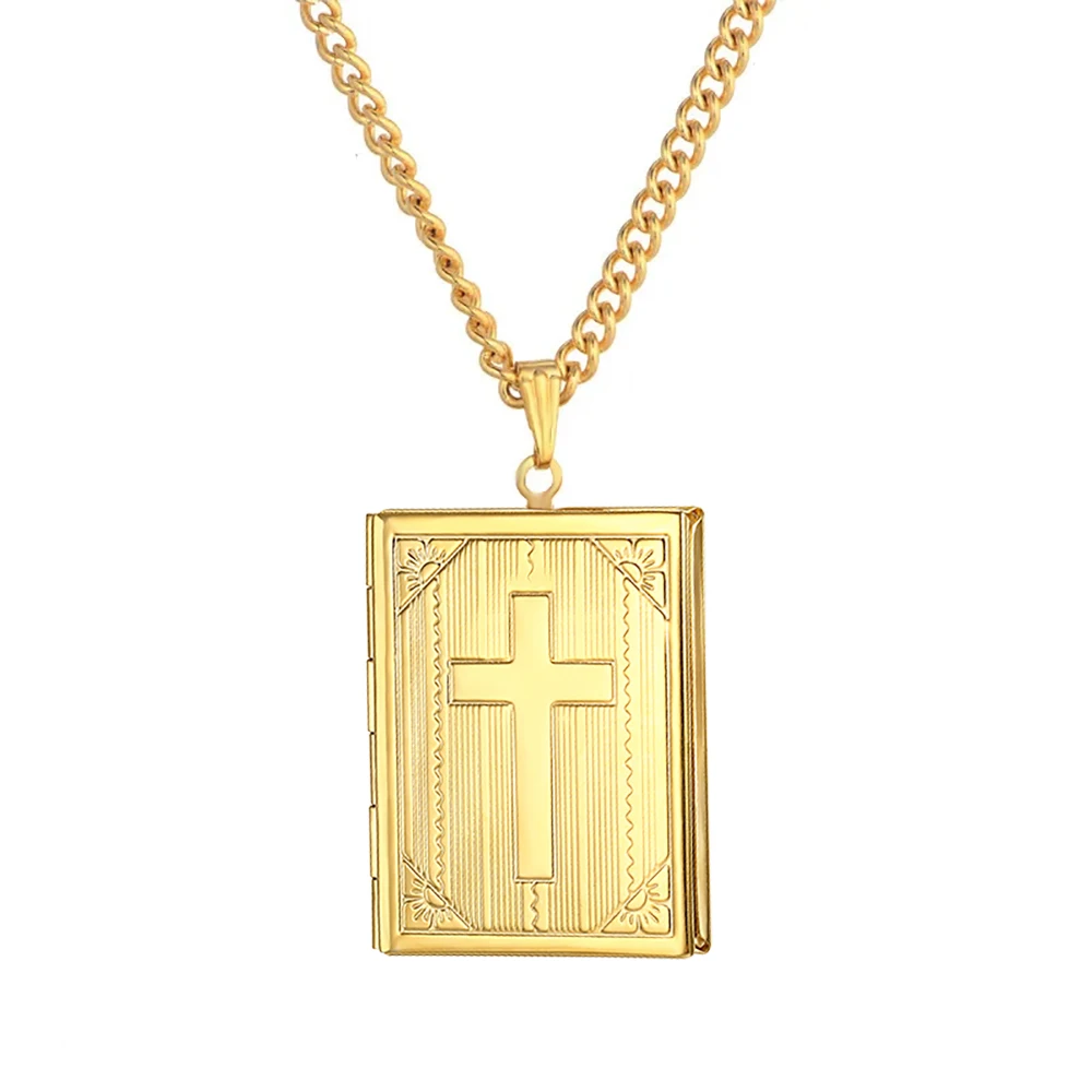 Mode Kreuz Foto Medaillon Anhänger Gold Silber Farbe Edelstahl christliche Halskette für Frauen Männer religiösen Schmuck Geschenk
