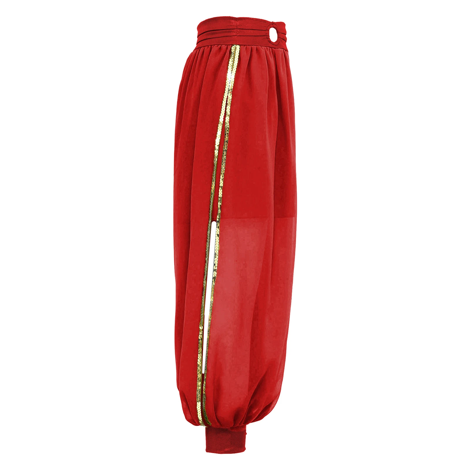 Spodnie do tańca brzucha dla dziewczynek, bloomersy, kostium na Halloween, imprezę tematyczną, karnawał, szyfonowe spodnie z marszczonym pasem z O-ringiem i rozcięciem z boku.