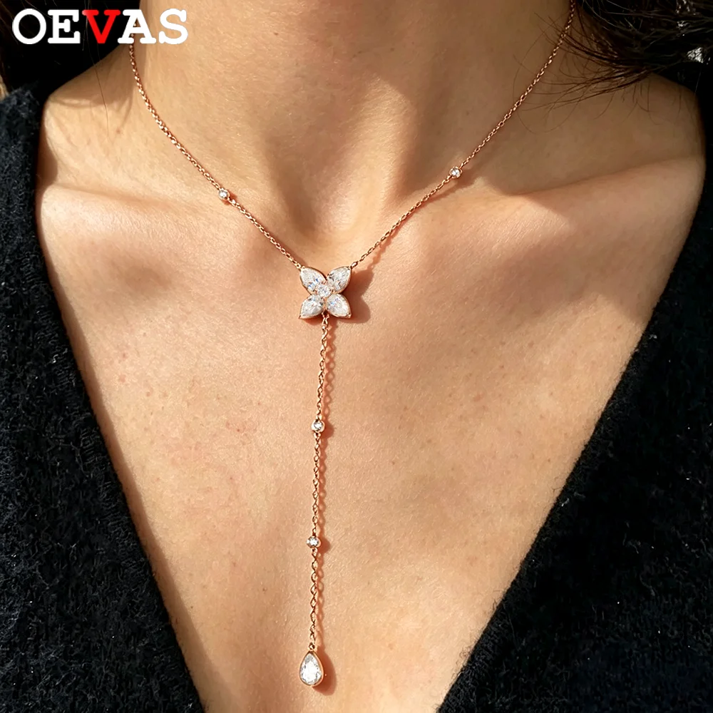 OEVAS Pear Cut Full Moissanite Necklace For Women 100% S925 Silver Waterdrop Lab Diamond Bezel Tassel Pendant Party Fine Jewelry