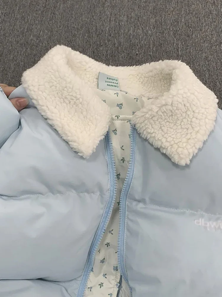 Zoki الأزرق الأزهار المرقعة سترات المرأة الكورية الحلو شتاء دافئ منتفخ معطف عادية كم طويل فضفاض نمط Preppy سترة قطن