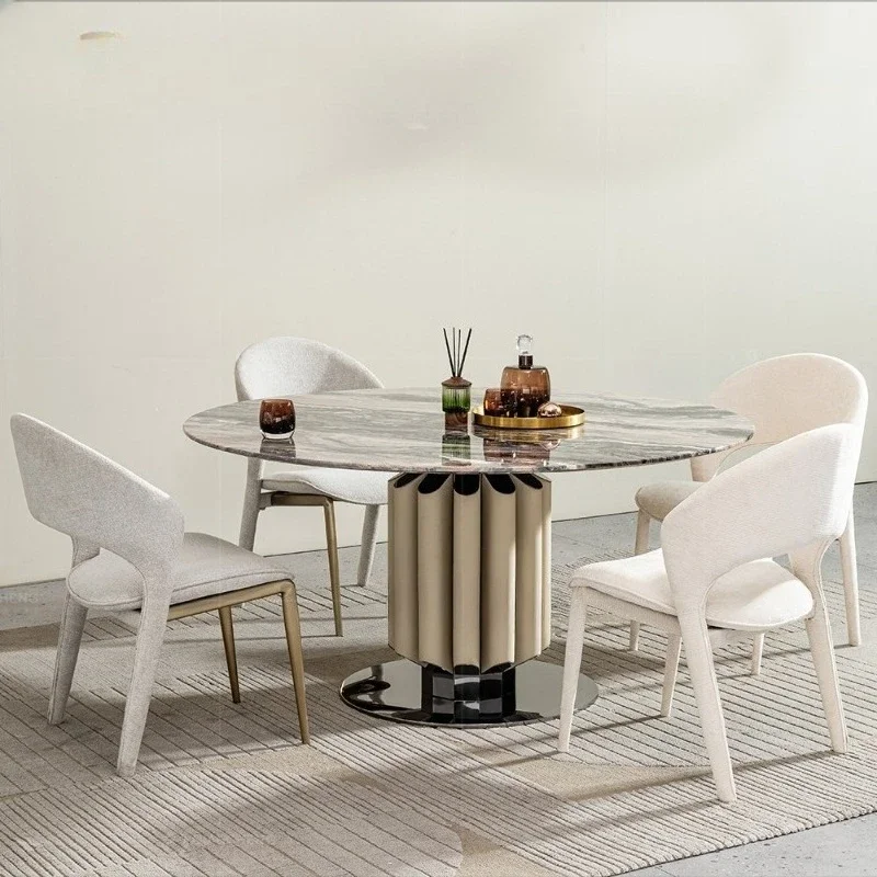 Italian light luxury dining table and chairs high-end round dining table marble round dining table set 4