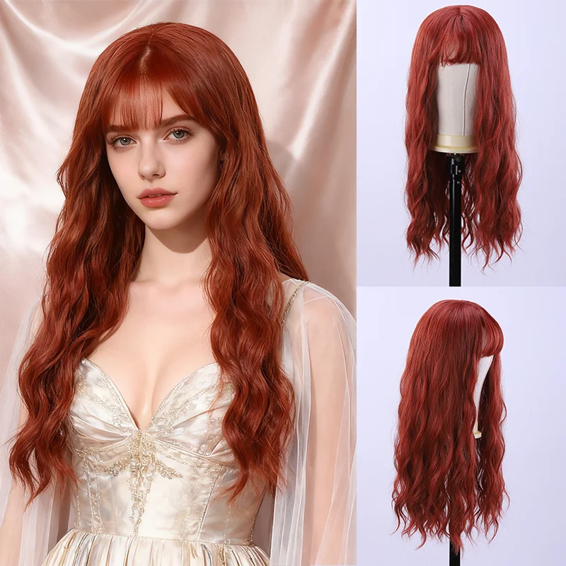 

Оранжево-красный волнистый длинный вьющийся парик из синтетических волос для женщин с челкой, натуральный вьющийся светлый цвет, формируемый, женский парик длиной до талии
