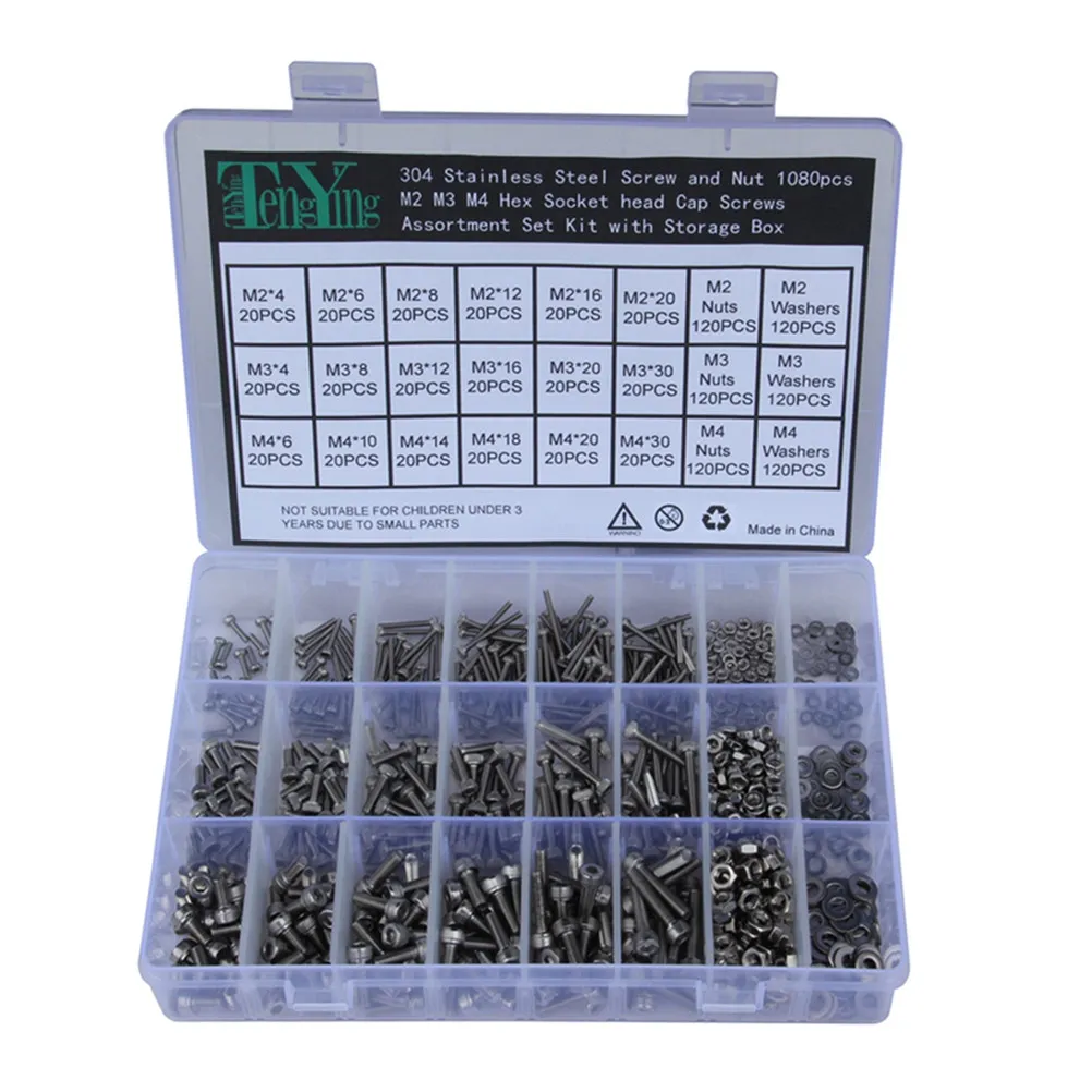 

1080Pcs Screw Nut Washer Set 304 Stainless Steel Socket Head Screws Bolts Nuts Flat Washers Assortment Kit Storage Case