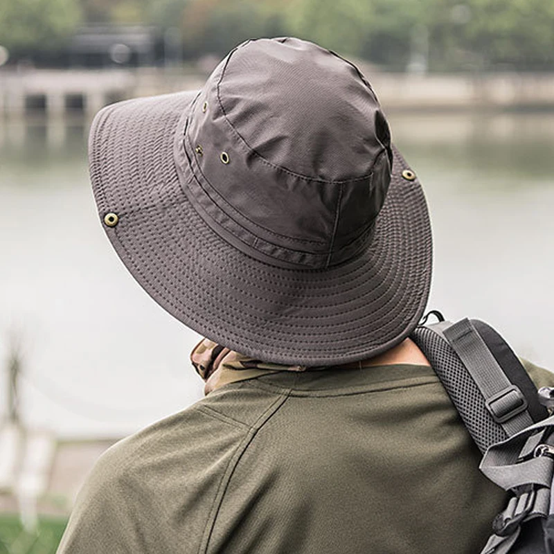 Bucket Hat for Men Solid Color Big Brim Fishing Cap Waterproof Outdoor Camping Hiking Fisherman Hat Gorra Couple Anti-UV Sun Cap