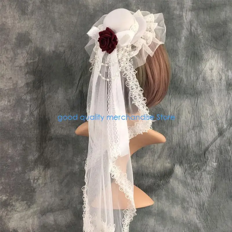 Y5JD koronkowy welon ślubny kapelusz gotyckie nakrycia głowy Halloween czarny welon mały kapelusz