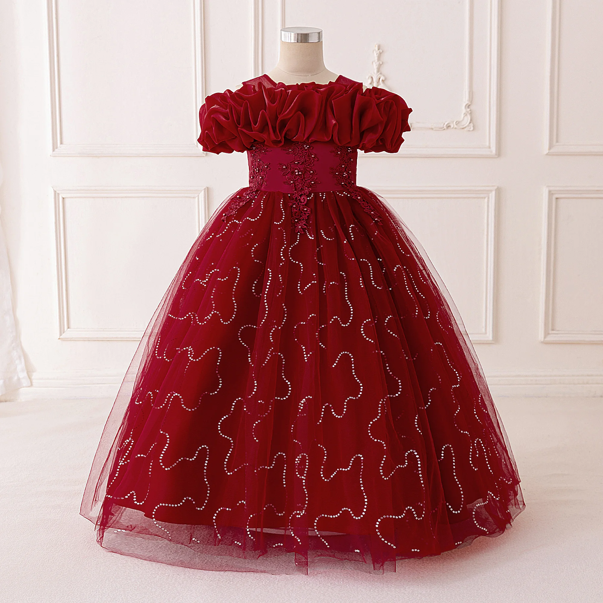 Elegant Flower Bridesmaid Girl Dresses Bow Birthday Party Princess Dress Girls Formal Tulle Wedding Graduation Evening Prom Gown