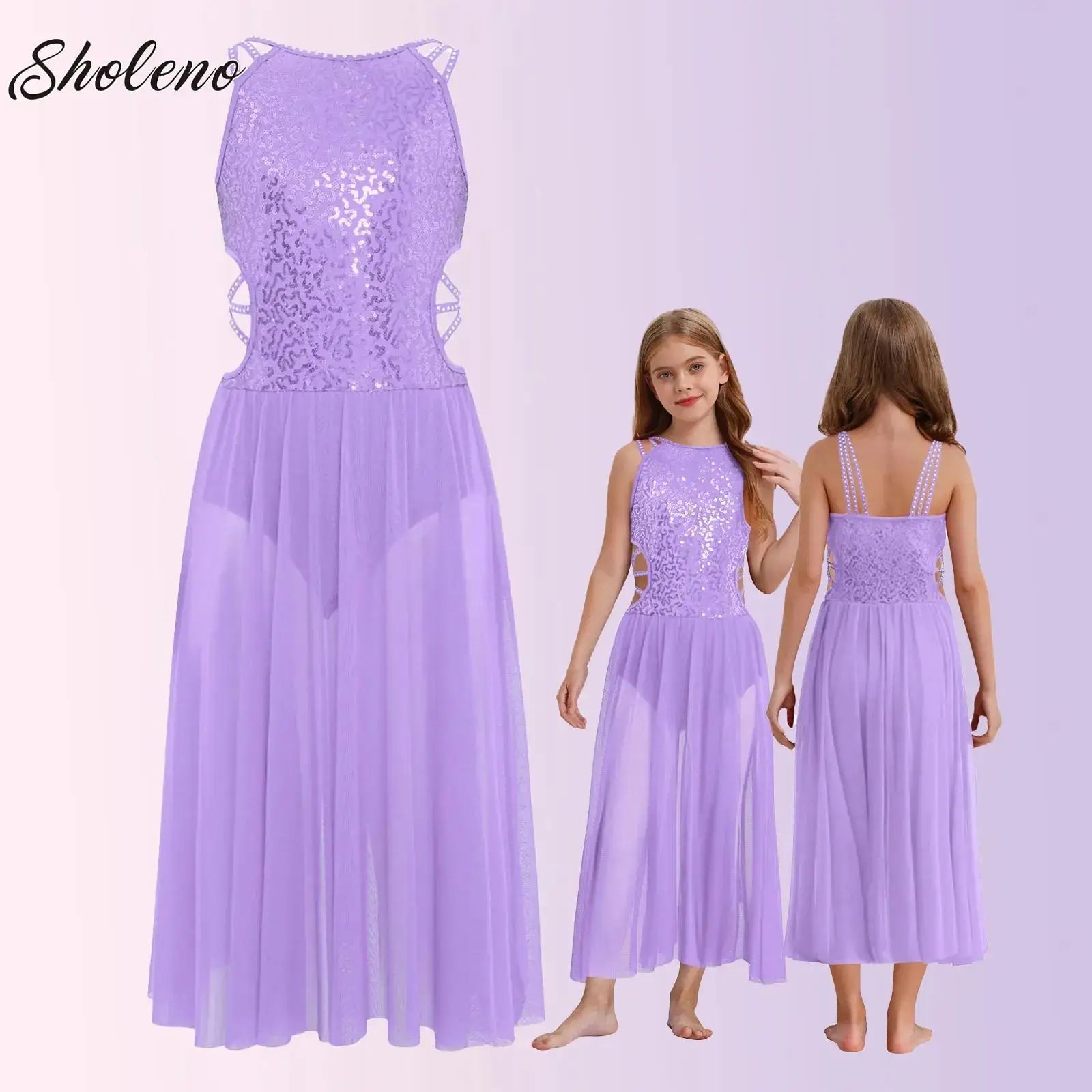 

Kids Girls Lyrical Modern Ballet Dance Dress Sleeveless Split Maxi Skirted Leotard Dress Contemporary Performance Dancewear