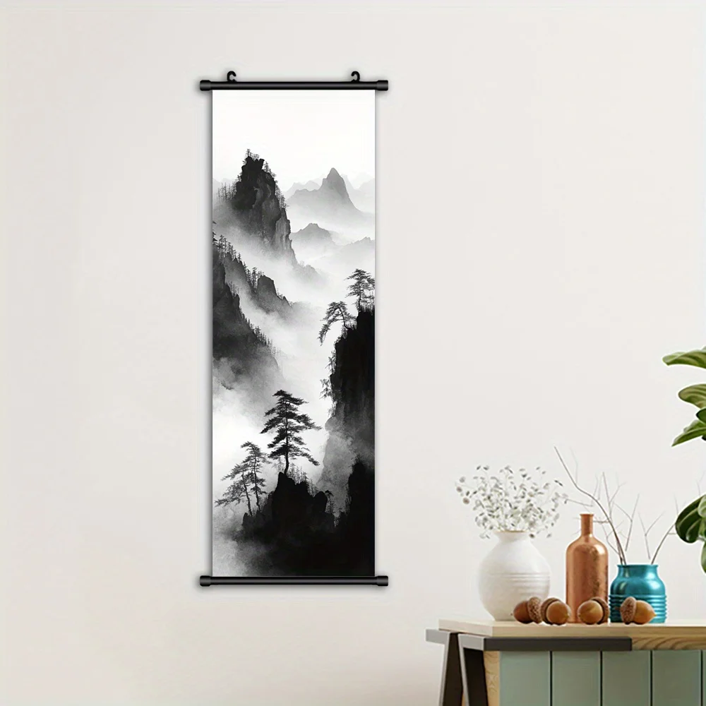 VIKAMA Japanese Pine Tree Mountain Mist Canvas Wall Art Scroll for Living Room Bedroom Home Decor Zen Wall Hanging