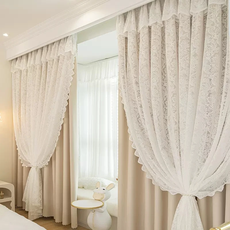 French Cream Wind Lace Double-layer Curtain Cloth Yarn Integrated Blackout Living Room Bedroom Princess Gauze Curtains