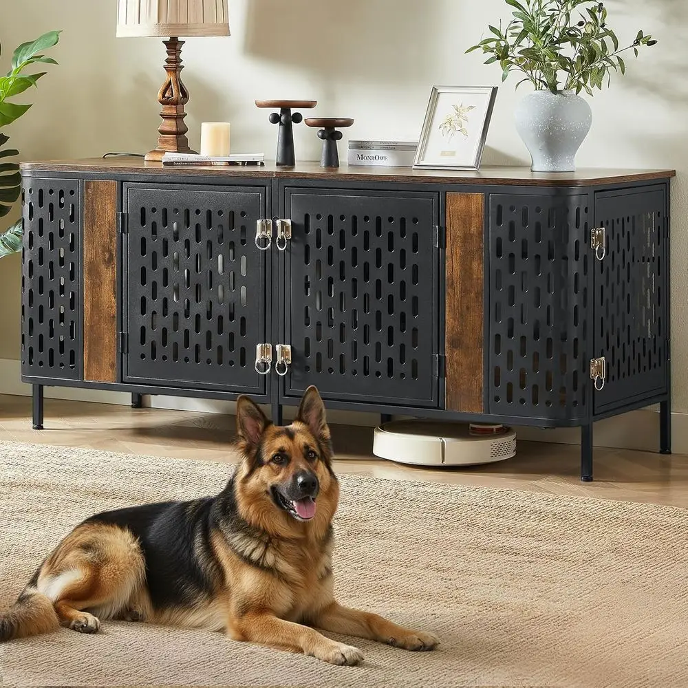 

Heavy-Duty 63 Dog Crate for Two Pets with Divider, Suitable for Medium to Large Dogs, Brown, Indoor TV Stand Style