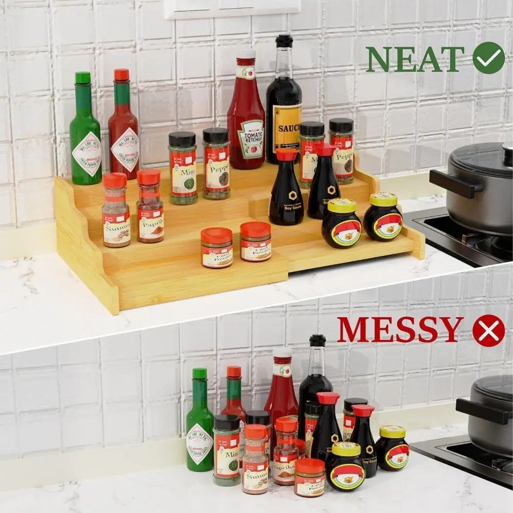 3-Tier Spice Rack Organizer Expandable Bamboo Kitchen Cabinet Organizer Space-Saving Solid Wooden Seasoning Organizer Cabinet
