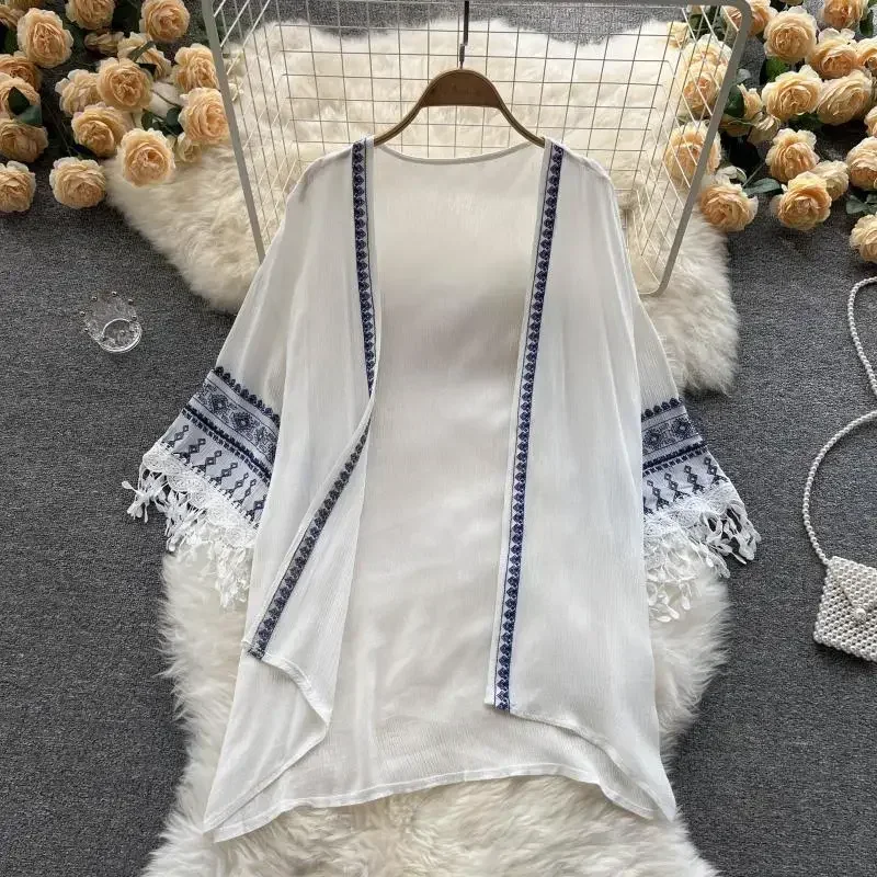 Summer Bohemian Cover Up Poncho Women Pareo Beach Kimono Long Fashion Embroidery Cardigan Tassel Chiffon Shirt ED1881