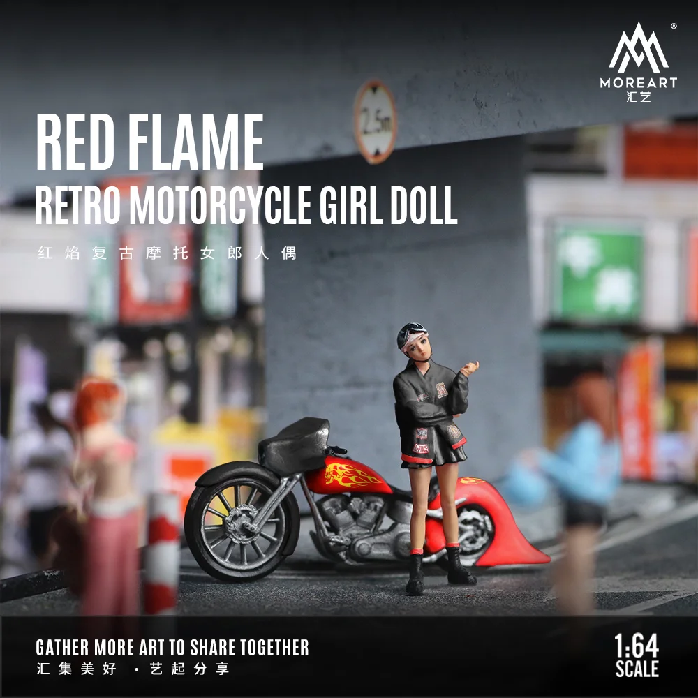 More Art 1:64 Red Flame Retro  Motorcycle Girl Doll Set Model For Display & Collection & Gift