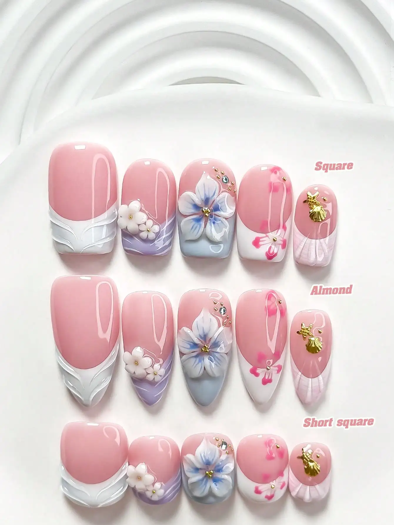 

10pcs Soft Pink Floral Handmade Nail Art Set, Includes Shell Nail Decor, Handcrafted 5-Petal Flowers, Polka Dot & Line Nail Decorations, Pink & White Nail Polish, Fashionable & Elegant, With Nail Tools (1 Jelly Sticker + 1 Nail File), 3 Sizes Available: S