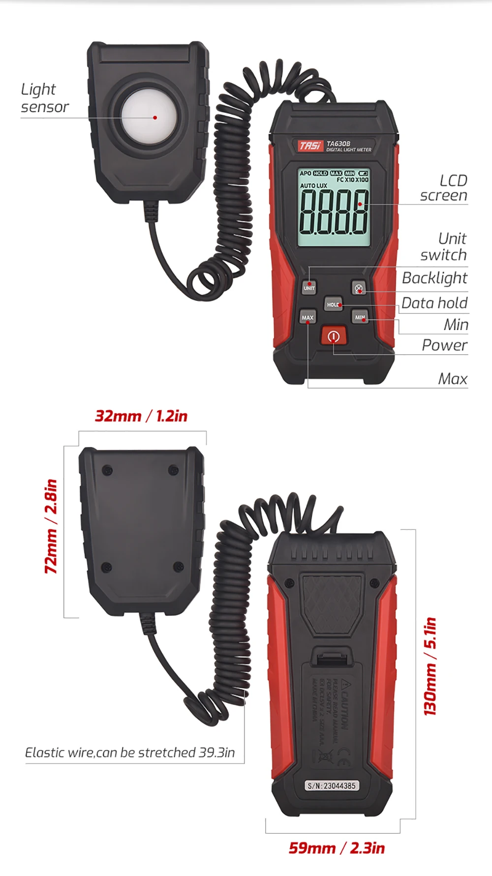 TASI TA630A/TA630B Digital Light Meter Illuminance Lux Meter Record LCD 0~200,000 Measurement Range Flexible Sensor Light Tester