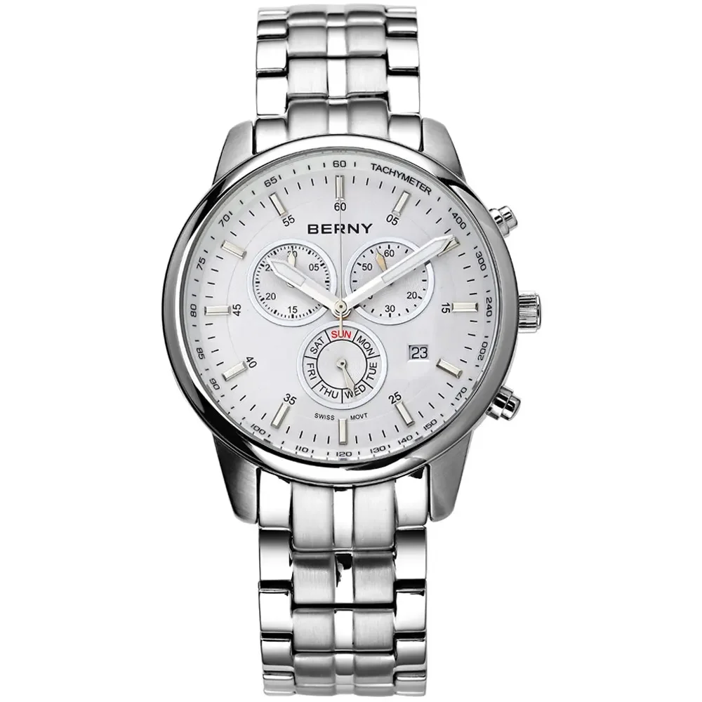 

BERNY Men Quartz Watch Chronograph Waterproof Luxury Business Man Clock Super Luminou Day-date ISA 8172 Top Brand Wristwatch