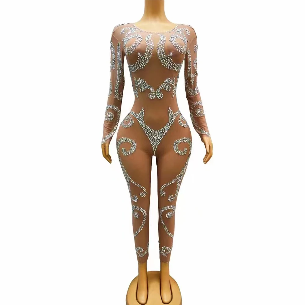 Sexy Stage Shining AB Color Rhinestones Nude Transparent Jumpsuit Dance Bodysuit Outfit Birthday Performance Singer Club Costume