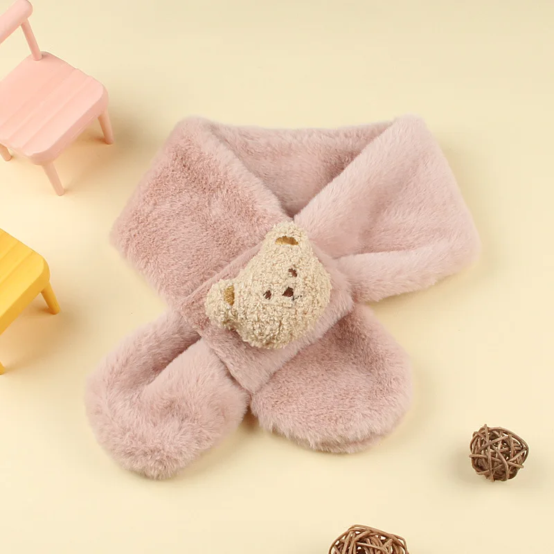 Korean Cute Bear Plush Baby Scarf Solid Color Winter Warm Scarves For Kids Girls Outdoor Warmer Cross Neckerchief