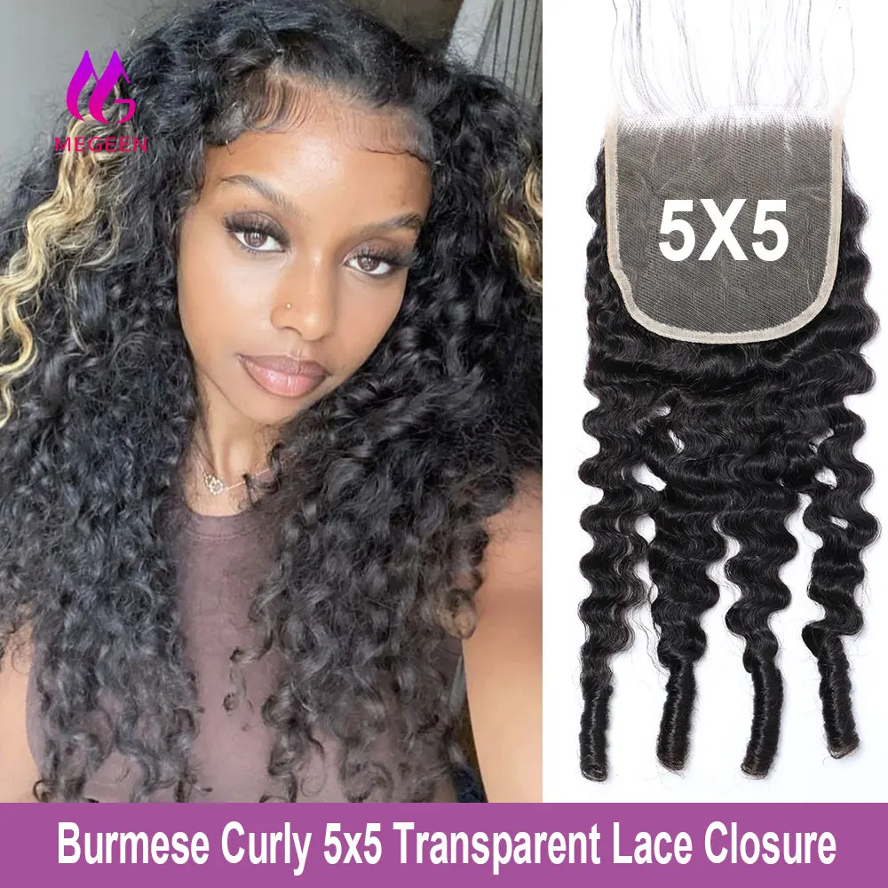 

Megeen 5x5 Прозрачная Кружевная застежка бирманские кудрявые с спиральными концами бесплатная часть 12-20 дюймов наращивание волос натуральные человеческие волосы 15 А