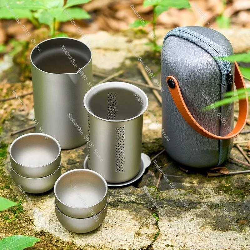 Elegant Portable Pure Titanium Tea Set Travel Tea Cup Double Wall Kung Fu Tea Brewer Outdoor Camping Titanium Alloy Quick Brew