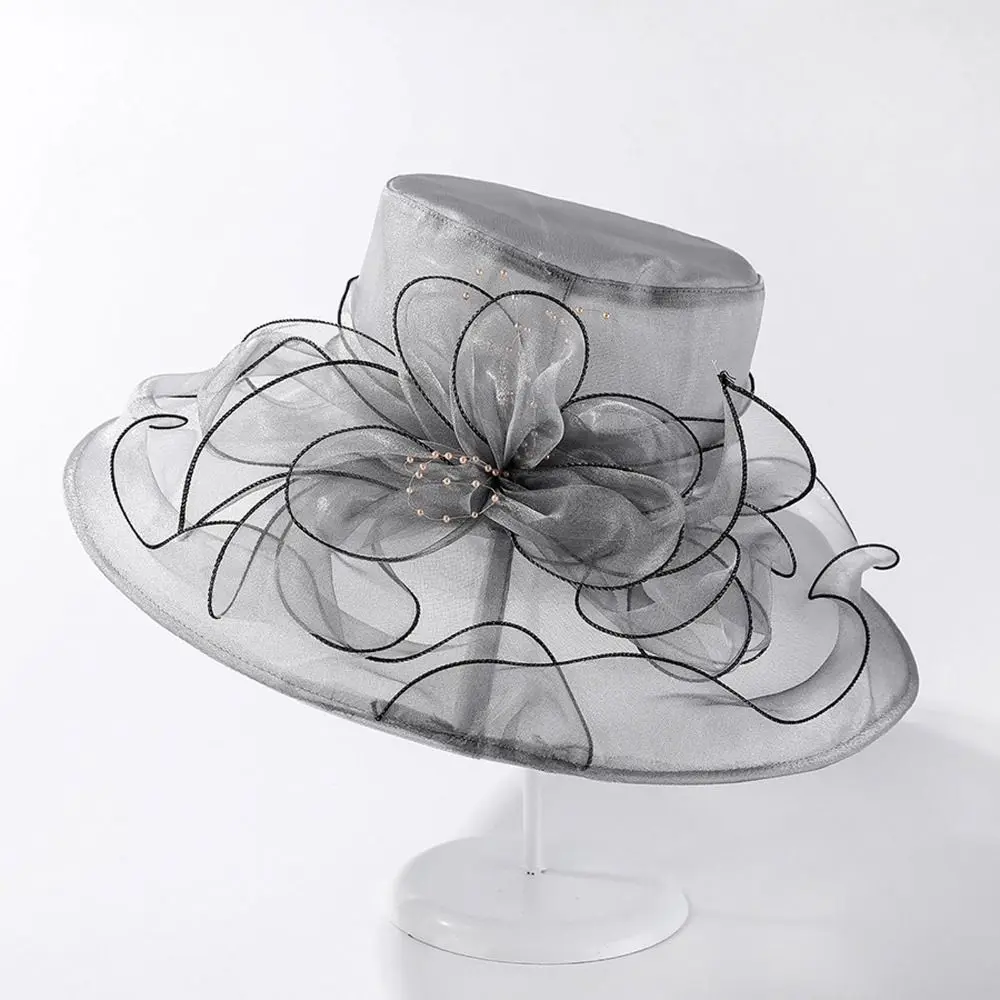 Solid Color Flowers Women Derby Hat Wide Brim Organza Summer Ruffles Sun Hat Foldable UV Protection Bridal Tea Party Wedding Hat