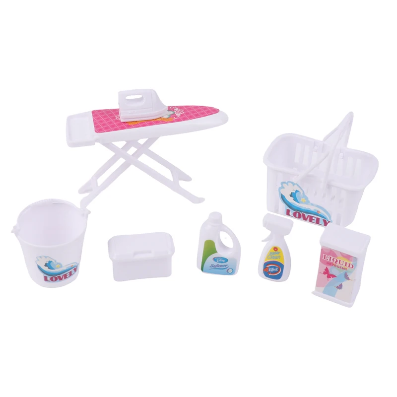 1 Set Dollhouse Miniature Laundry Tool Mini Laundry Basket Bucket Detergent Electric Iron Kit For Doll Hous Diy Use Accessories