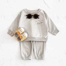 Autumn Winter Baby Clothes Set Boys Girls Warm Top Embroidered Flowers+Solid Color Pants 2Pcs Newborn Baby Sportswear 0-3Y