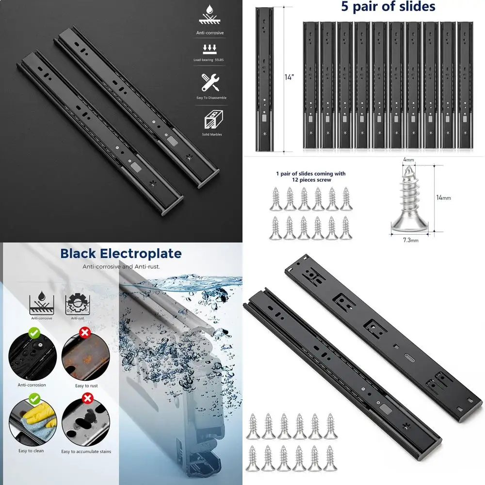 

14 Inch Soft Close Drawer Slides, 5 Pairs, 10 Pack, Black, Full Extension with Ball Bearing and Side Mount