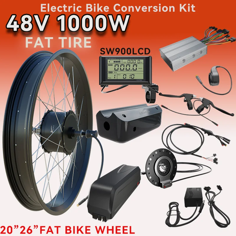 48V 1000W Electric Bike Conversion Kit with 13AH/12AH Hailong Battery Fatbike Brushless Gear 20Inch 26Inch Hub Motor Wheel