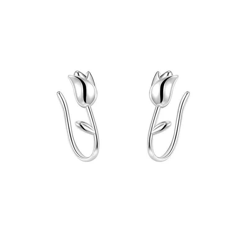 French Fashion Simple Tulip Flower Hook Earrings for Women Silver Color Temperament Ear Piercing Banquet Jewelry Gifts