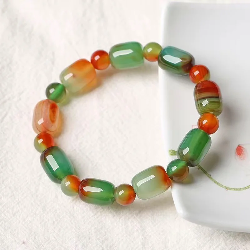 

Natural Rain Flower Stone Malachite Green Agate Barrel Bead Bracelet Raw Agate Bracelet Lucky Charm Unisex Ethnic Style Bracelet