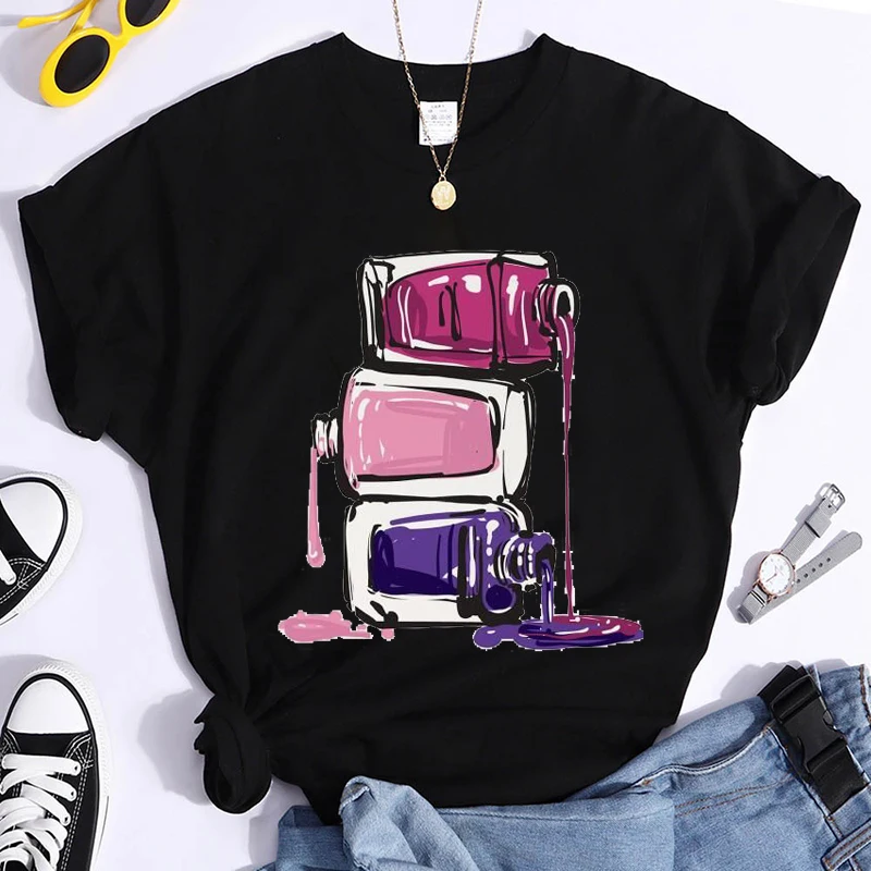 Nail Polish Print Tshirt Women Makeup Beauty Aesthetic Graphic T Shirt Female Tee Tops Cosmetics Black Tshirt Ladies Tee Clothes