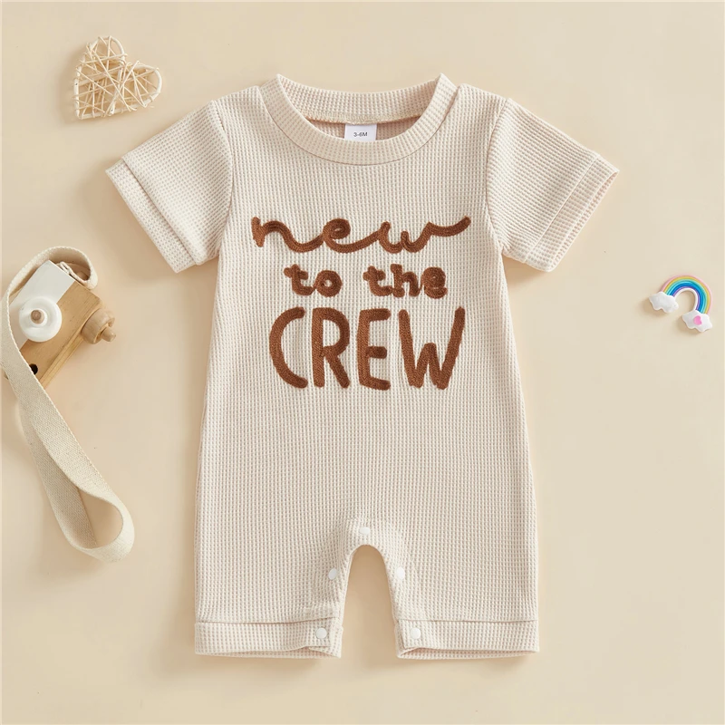 Newborn Baby Boy Summer Romper Letter Embroidered Short Sleeve Jumpsuit Shorts Casual Waffle Clothes