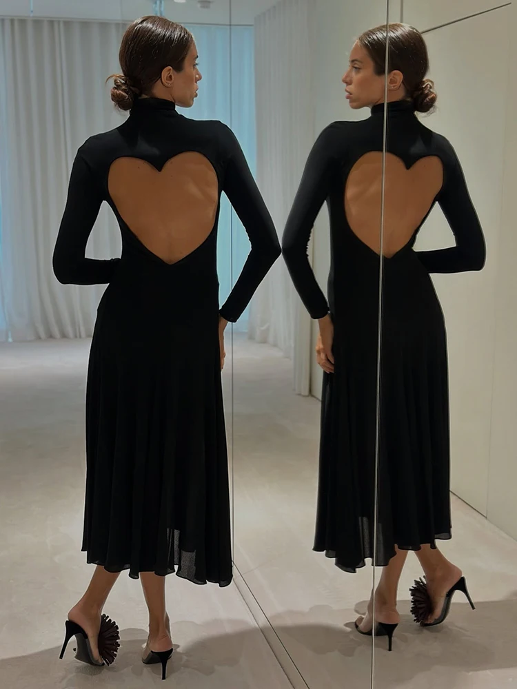 

Элегантное черное длинное платье с вырезом на спине в форме сердца – облегающее вечернее платье с длинными рукавами и воротником-стойкой, шикарное платье для вечеринок, весенне-осеннее вечернее платье