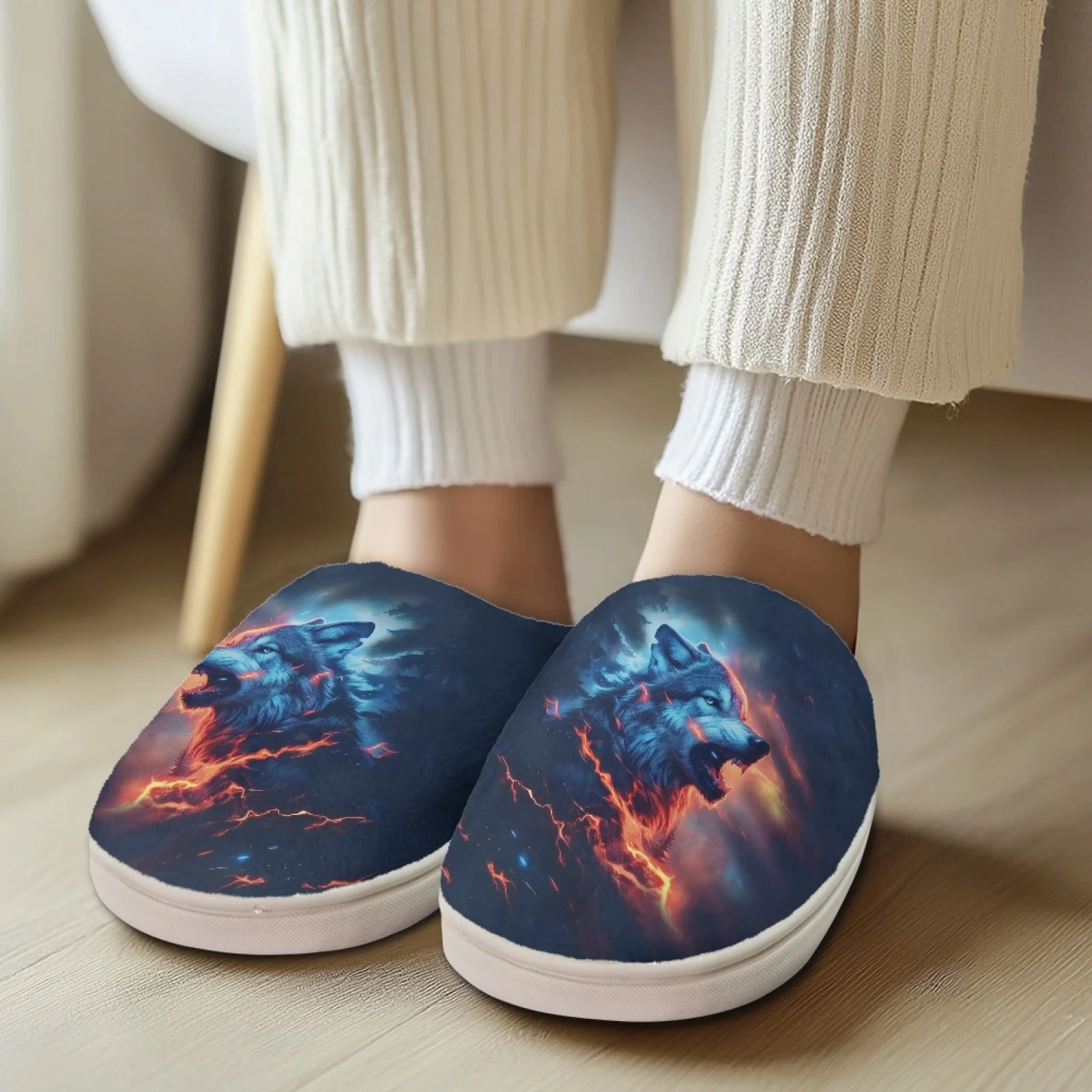 PENSTROLL Fire Wolf Pattern Large Size Fuzzy House Shoes Women Heavy Duty Warm Indoor Slippers Fleece Slippers for Bedroom